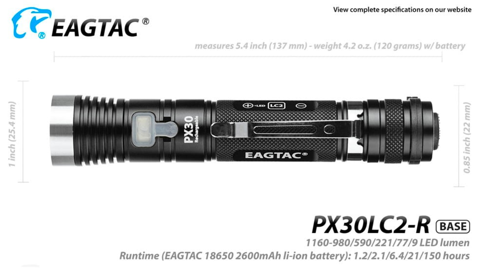 EAGTAC PX30LC2-R Base Flashlight, Nichia 219C CRI92 4000K LED, 800lm, Black, PX30LC2R-219C-BASE-NW
