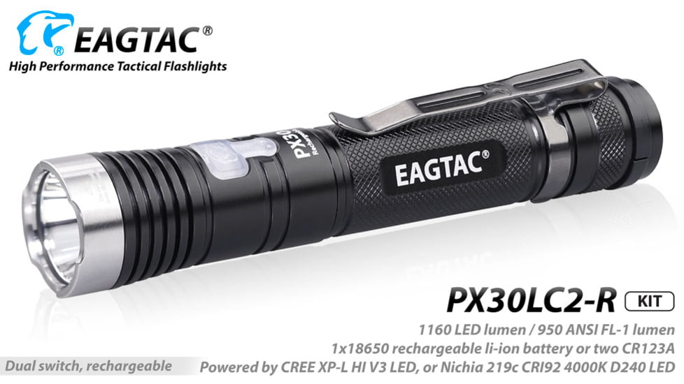 EAGTAC PX30LC2-R Base Flashlight, Nichia 219C CRI92 4000K LED, 800lm, Black, PX30LC2R-219C-BASE-NW