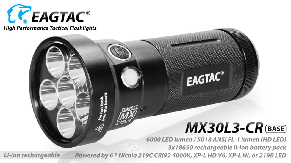 Eagtac Rechargeable MX30L3C-R 6219C 4000K LED Flashlight, Black, Medium, MX30L3CR6*219C
