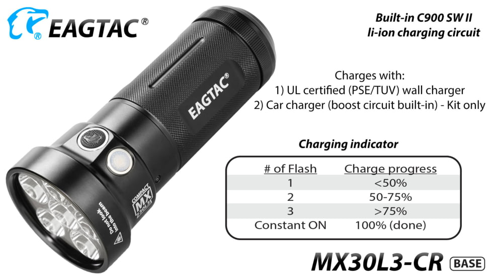 Eagtac Rechargeable MX30L3C-R 6219C 4000K LED Flashlight, Black, Medium, MX30L3CR6*219C
