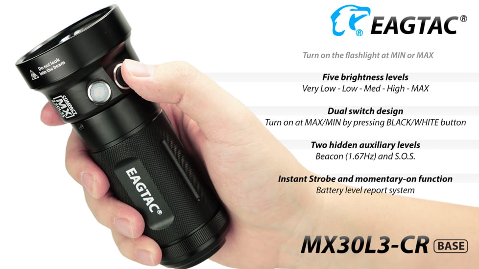 Eagtac Rechargeable MX30L3C-R 6XPL HI 5250 Lumens LED Flashlight, Black, Medium, MX30L3CR6*XPLHI