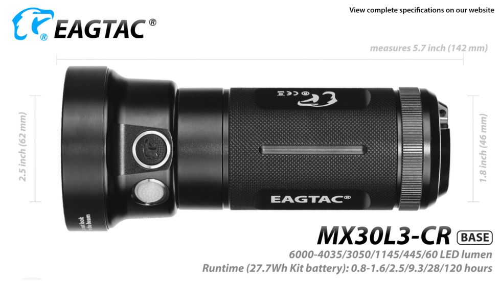 Eagtac Rechargeable MX30L3C-R 6XPL HI 5250 Lumens LED Flashlight, Black, Medium, MX30L3CR6*XPLHI
