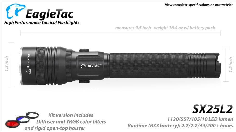 Eagtac Rechargeable SX25L2 XM-L2 U4 1494 Lumens LED Flashlight, Black, Medium, SX25L2XML2