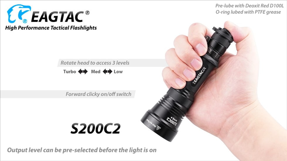 EAGTAC S200C2 Flashlight, XM-L2 U4 CW LED, 1278lm, Black, S200C2-XML2-BASE-CW