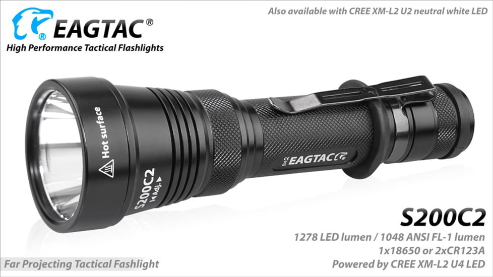 EAGTAC S200C2 Flashlight, XM-L2 U4 CW LED, 1278lm, Black, S200C2-XML2-BASE-CW