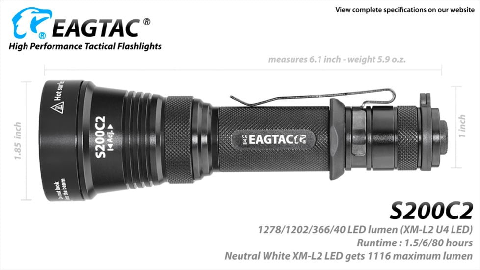 EAGTAC S200C2 Flashlight, XM-L2 U4 CW LED, 1278lm, Black, S200C2-XML2-BASE-CW