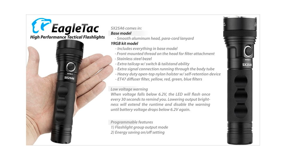 EAGTAC SX25A6 Flashlight Kit, XM-L2 CW U4 LED, 1494lm, Black, SX25A6-XML2-KIT-CW