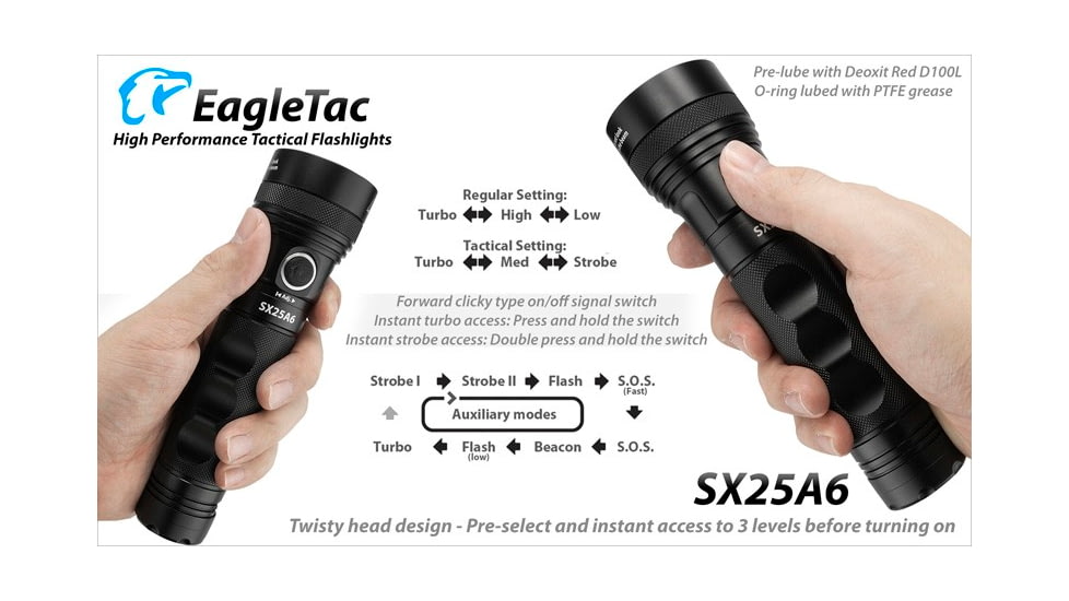 EAGTAC SX25A6 Flashlight Kit, XM-L2 CW U4 LED, 1494lm, Black, SX25A6-XML2-KIT-CW