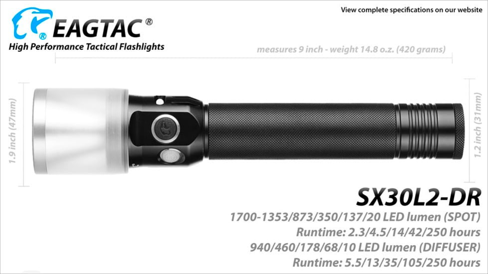 EAGTAC SX30L2-DR Flashlight Kit, XPL HI CW w/ LEDarray LED, 1700lm w/ 940lm, Black, SX30L2-DR-XPLHI-KIT-CW