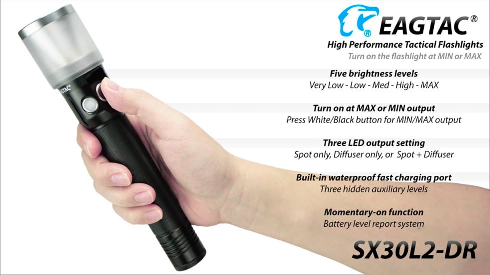 EAGTAC SX30L2-DR Flashlight Kit, XPL HI CW w/ LEDarray LED, 1700lm w/ 940lm, Black, SX30L2-DR-XPLHI-KIT-CW