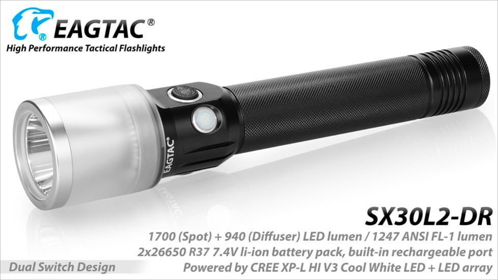 EAGTAC SX30L2-DR Flashlight Kit, XPL HI CW w/ LEDarray LED, 1700lm w/ 940lm, Black, SX30L2-DR-XPLHI-KIT-CW