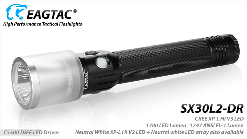 EAGTAC SX30L2-DR Flashlight Kit, XPL HI CW w/ LEDarray LED, 1700lm w/ 940lm, Black, SX30L2-DR-XPLHI-KIT-CW