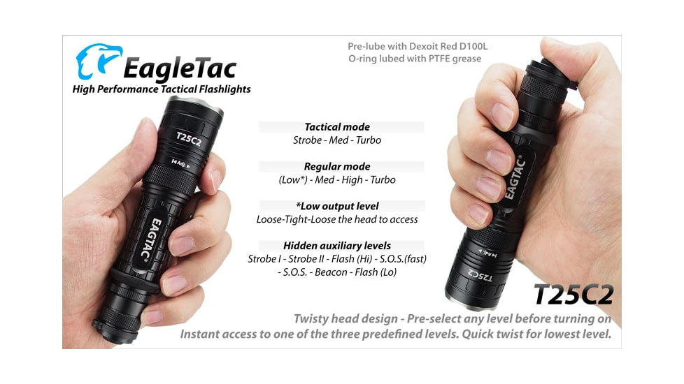 EAGTAC T25C2 Flashlight Kit, XM-L2 U2 NW LED, 1180lm, Black, T25C2-XML2-KIT-NW