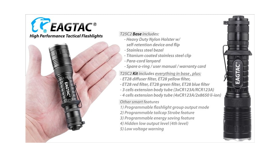 EAGTAC T25C2 Flashlight Kit, XM-L2 U2 NW LED, 1180lm, Black, T25C2-XML2-KIT-NW