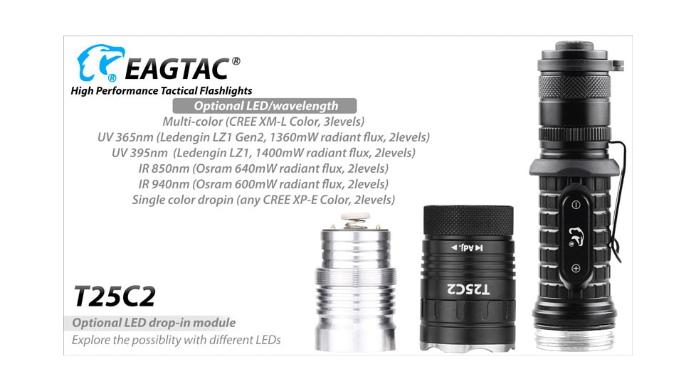 EAGTAC T25C2 Flashlight Kit, XM-L2 U2 NW LED, 1180lm, Black, T25C2-XML2-KIT-NW