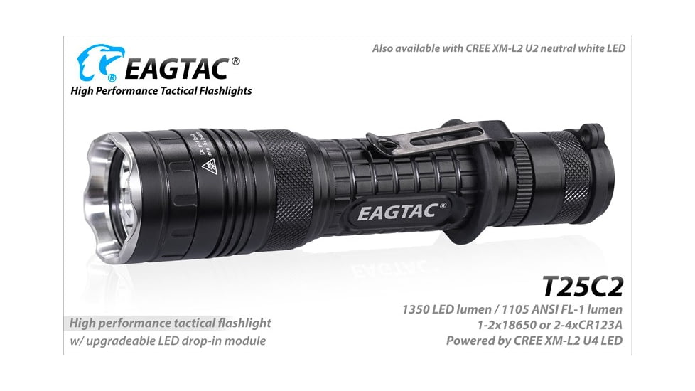 EAGTAC T25C2 Flashlight Kit, XM-L2 U2 NW LED, 1180lm, Black, T25C2-XML2-KIT-NW