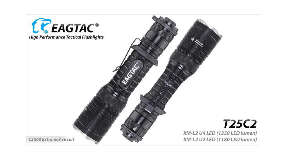 EAGTAC T25C2 Flashlight Kit, XM-L2 U2 NW LED, 1180lm, Black, T25C2-XML2-KIT-NW