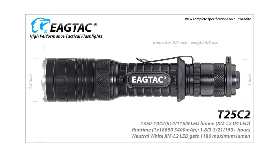 EAGTAC T25C2 Flashlight Kit, XM-L2 U2 NW LED, 1180lm, Black, T25C2-XML2-KIT-NW