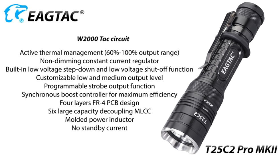 EAGTAC T25C2 MKII Pro Flashlight, XHP35 HD NW LED, 1860lm, Black, T25C2-MKII-XHP35-HD-PRO-NW