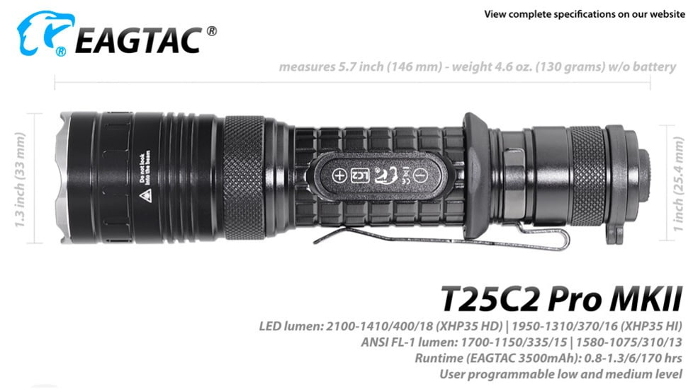 EAGTAC T25C2 MKII Pro Flashlight, XHP35 HD NW LED, 1860lm, Black, T25C2-MKII-XHP35-HD-PRO-NW