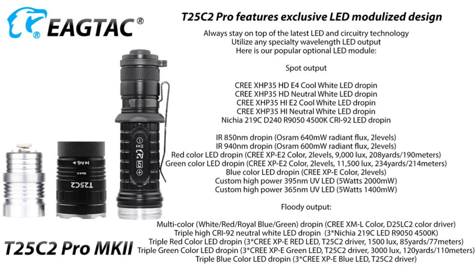 EAGTAC T25C2 MKII Pro Flashlight, XHP35 HD NW LED, 1860lm, Black, T25C2-MKII-XHP35-HD-PRO-NW