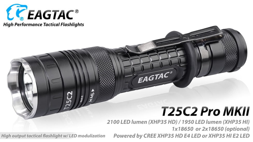 EAGTAC T25C2 MKII Pro Flashlight, XHP35 HD NW LED, 1860lm, Black, T25C2-MKII-XHP35-HD-PRO-NW