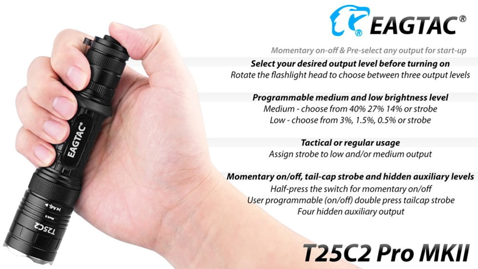 EAGTAC T25C2 MKII Pro Flashlight, XHP35 HD NW LED, 1860lm, Black, T25C2-MKII-XHP35-HD-PRO-NW