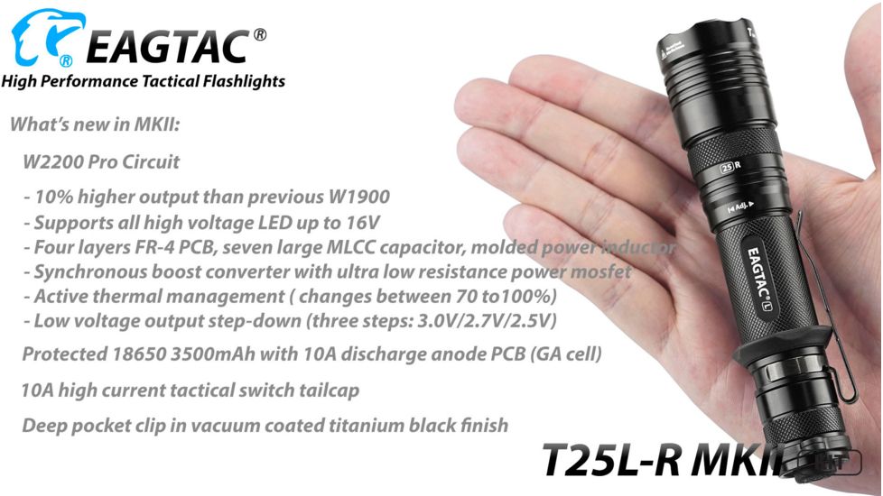 EAGTAC T25L-R MKII Flashlight Kit, XHP35 HD CW LED, 2200lm, Black, Medium 4110