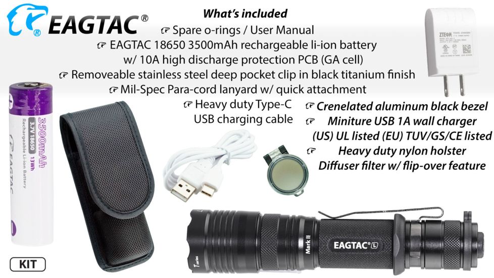 EAGTAC T25L-R MKII Flashlight Kit, XHP35 HD CW LED, 2200lm, Black, Medium 4110