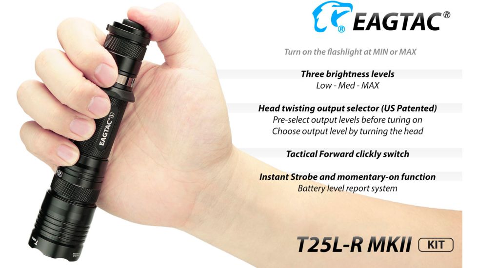 EAGTAC T25L-R MKII Flashlight Kit, XHP35 HD CW LED, 2200lm, Black, Medium 4110