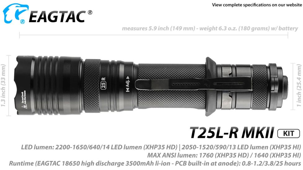 EAGTAC T25L-R MKII Flashlight Kit, XHP35 HD CW LED, 2200lm, Black, Medium 4110