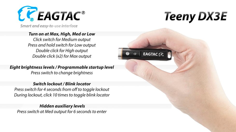 EAGTAC Teeny DX3E Flashlight, SST20 NW LED, 930lm, Black, Teeny DX3E-SST20-NCW