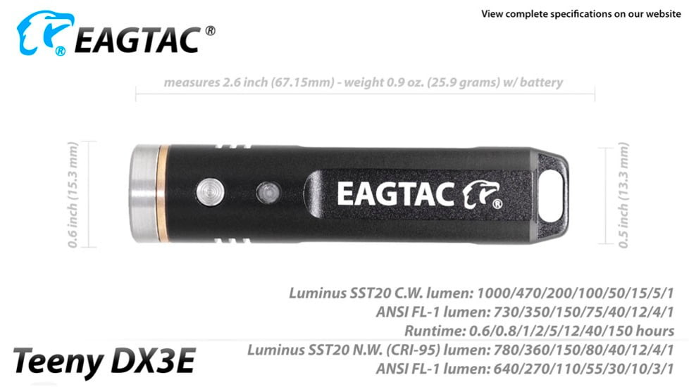 EAGTAC Teeny DX3E Flashlight, SST20 NW LED, 930lm, Black, Teeny DX3E-SST20-NCW