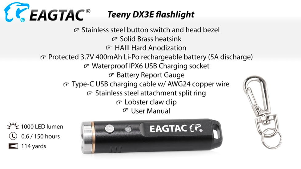 EAGTAC Teeny DX3E Flashlight, SST20 NW LED, 930lm, Black, Teeny DX3E-SST20-NCW