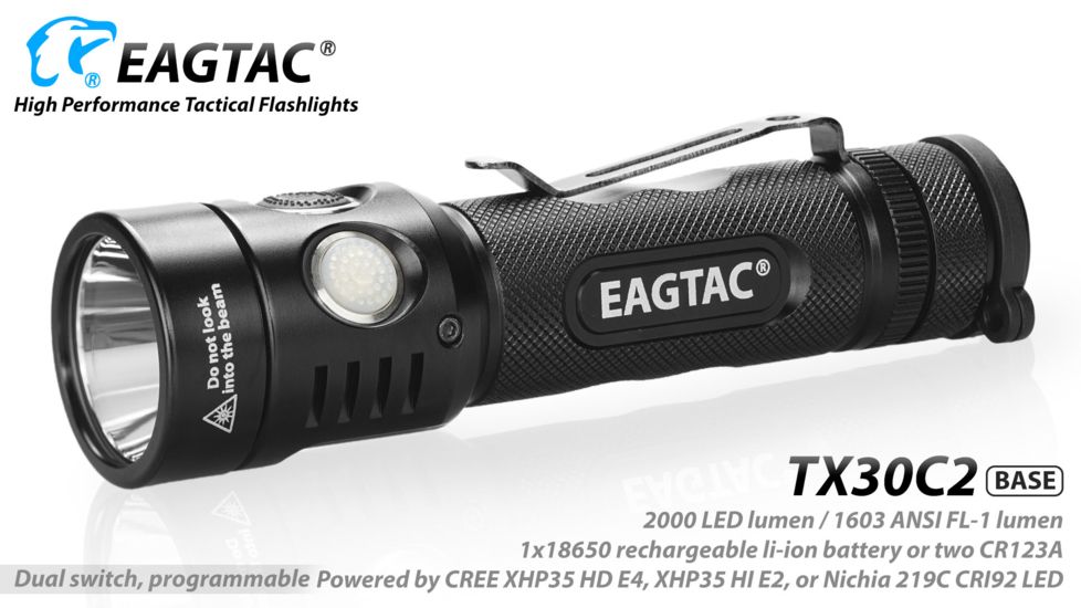 Eagtac TX30C2, XHP35 HD CW LED, 2000 lumens, Black, Flashlight Only, 2938