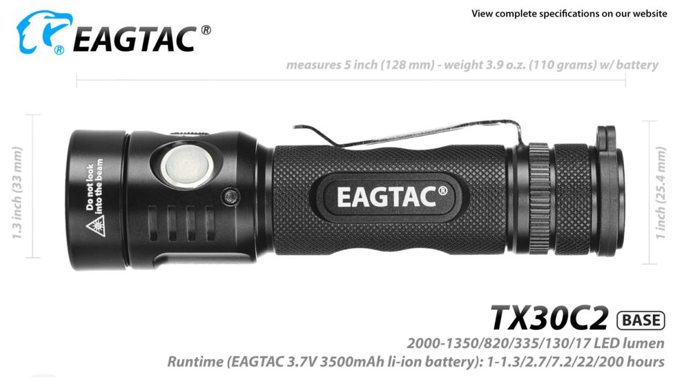 Eagtac TX30C2, XHP35 HD CW LED, 2000 lumens, Black, Flashlight Only, 2938
