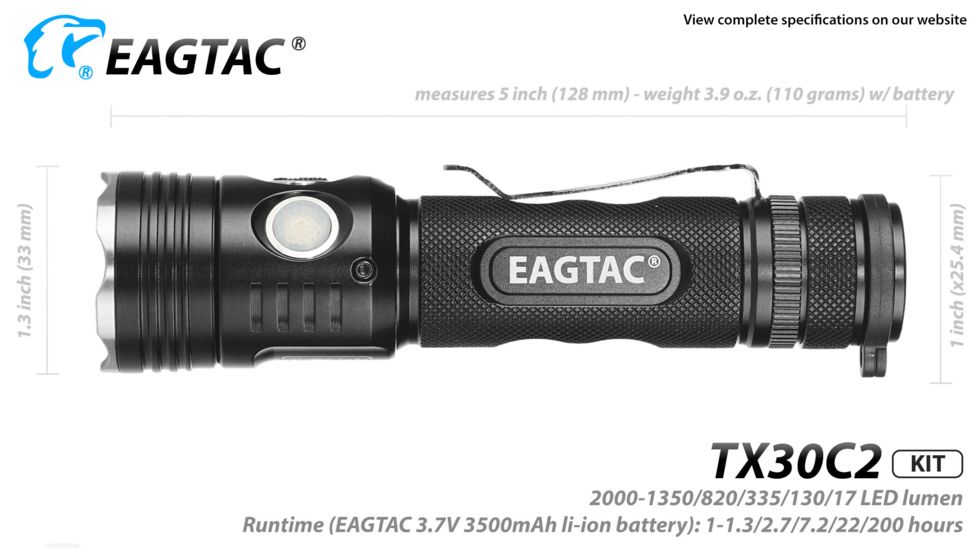 Eagtac TX30C2, XHP35 HD CW LED, 2000 lumens, Black, Flashlight Kit, 2939