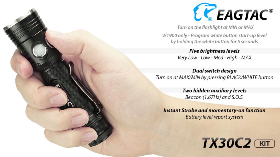Eagtac TX30C2, XHP35 HD CW LED, 2000 lumens, Black, Flashlight Kit, 2939