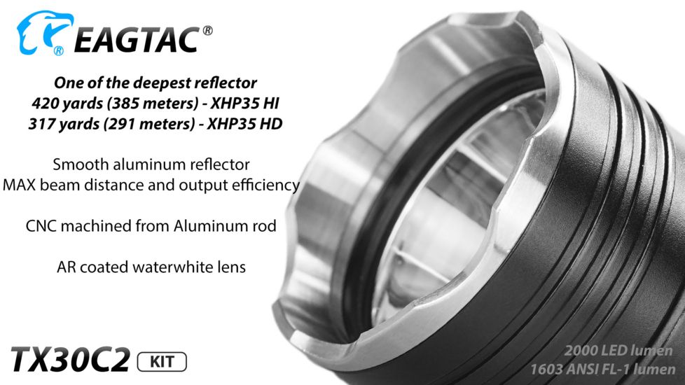Eagtac TX30C2, XHP35 HD CW LED, 2000 lumens, Black, Flashlight Kit, 2939