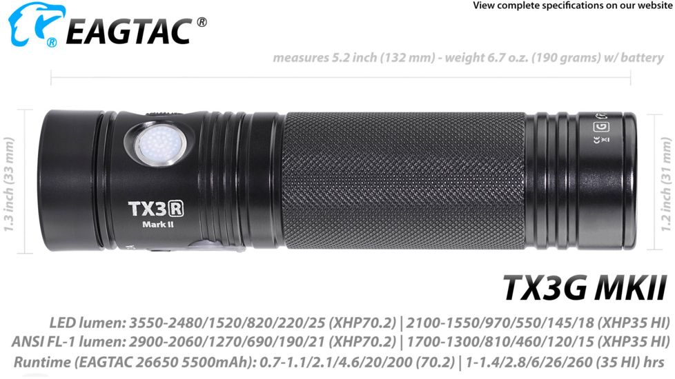 EAGTAC TX3G MKII Base Flashlight, XHP70.2 CW LED, 3550lm, Black, Medium 4269