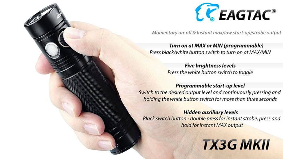 EAGTAC TX3G MKII Flashlight, XHP70.2 NW LED, 3320lm, Black, TX3G-MKII-XHP702-REG-NW