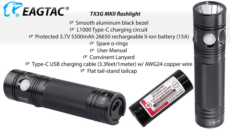 EAGTAC TX3G MKII Flashlight, XHP70.2 NW LED, 3320lm, Black, TX3G-MKII-XHP702-REG-NW