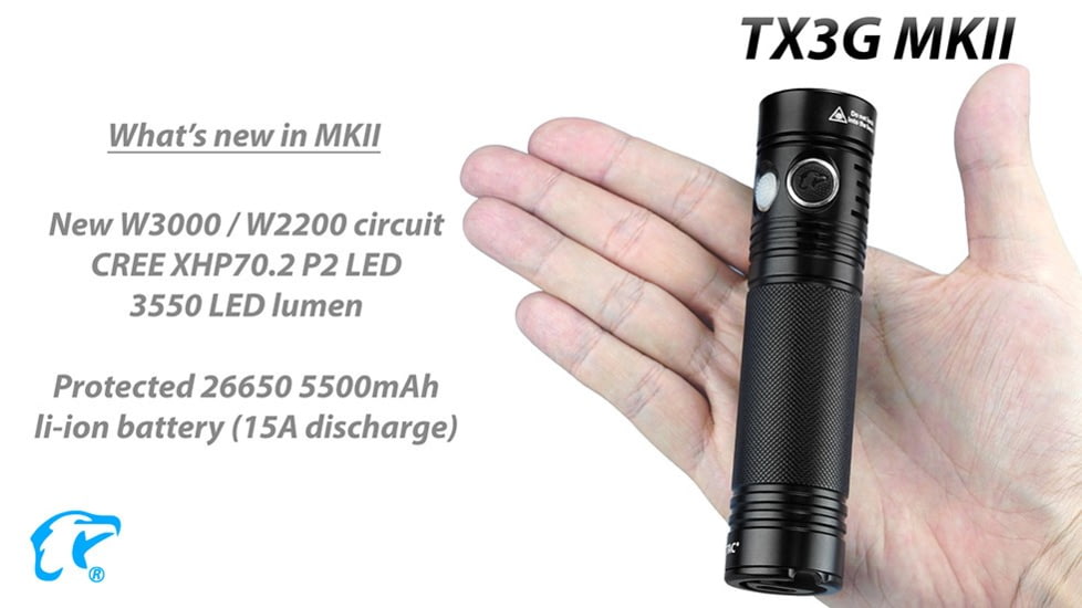 EAGTAC TX3G MKII Flashlight, XHP70.2 NW LED, 3320lm, Black, TX3G-MKII-XHP702-REG-NW