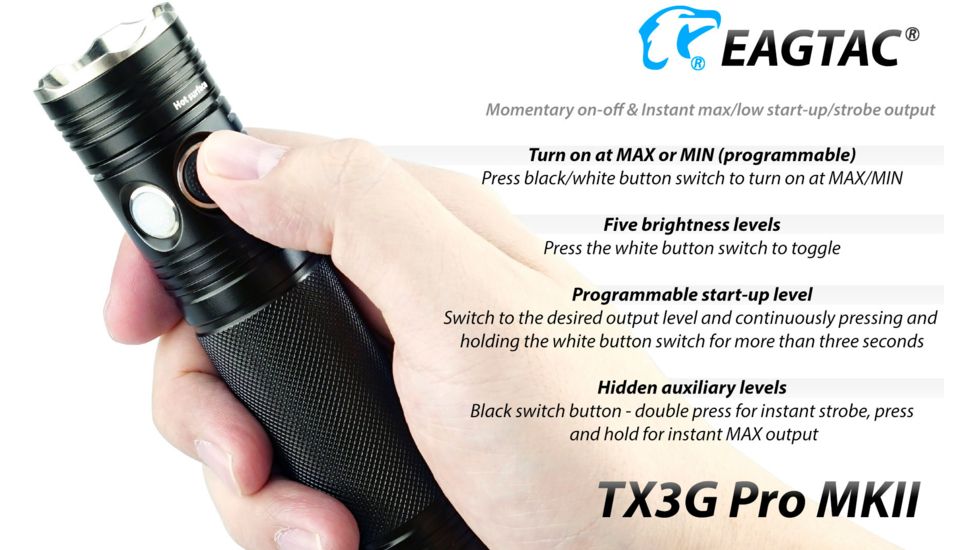 EAGTAC TX3G MKII Pro Flashlight, XHP70.2 CW LED, 3550lm, Black, Medium 4203