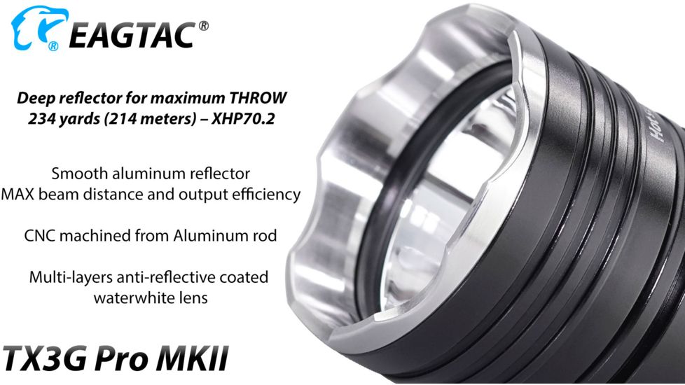 EAGTAC TX3G MKII Pro Flashlight, XHP70.2 CW LED, 3550lm, Black, Medium 4203