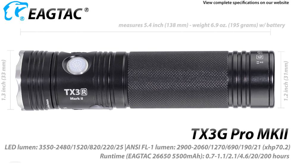 EAGTAC TX3G MKII Pro Flashlight, XHP70.2 CW LED, 3550lm, Black, Medium 4203