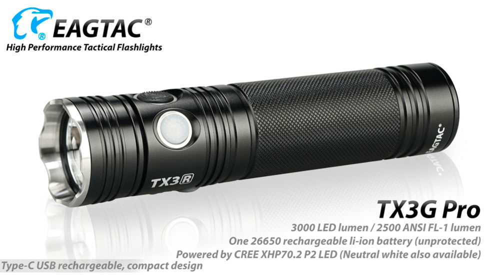 EAGTAC TX3G Pro Flashlight, XHP70.2 CW LED, 2000lm, Black, TX3G-XHP702-PRO-CW