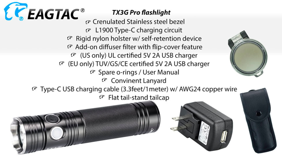 EAGTAC TX3G Pro Flashlight, XHP70.2 CW LED, 2000lm, Black, TX3G-XHP702-PRO-CW