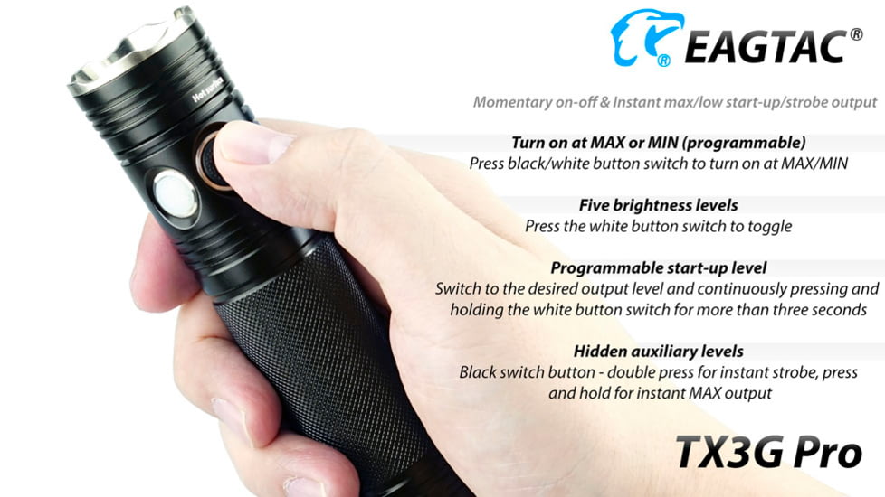 EAGTAC TX3G Pro Flashlight, XHP70.2 CW LED, 2000lm, Black, TX3G-XHP702-PRO-CW