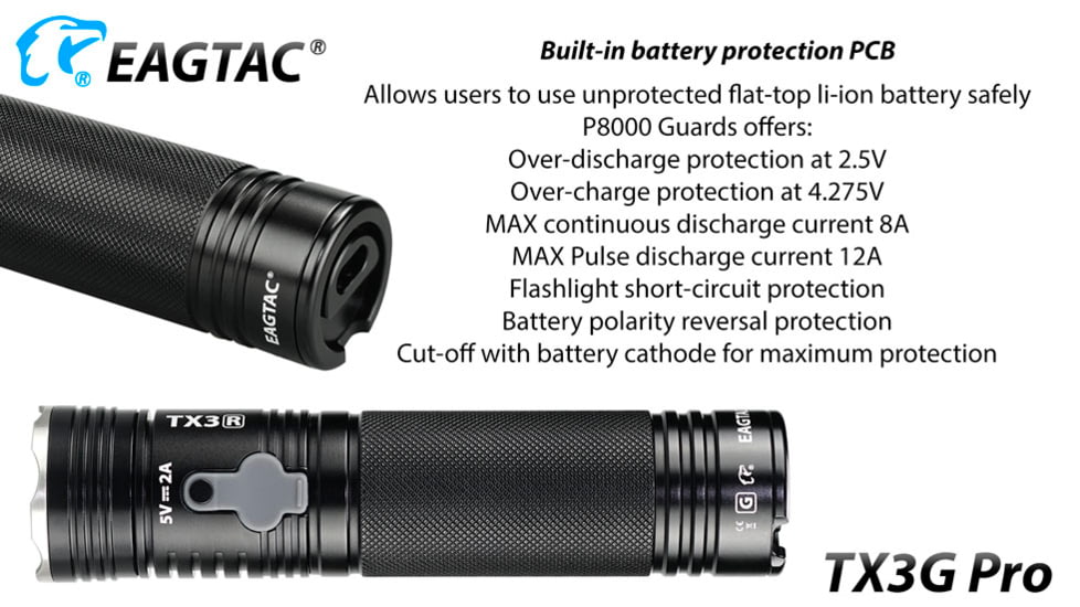 EAGTAC TX3G Pro Flashlight, XHP70.2 CW LED, 2000lm, Black, TX3G-XHP702-PRO-CW